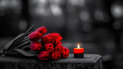Flowers and candle placed together at a memorial to honor someone's memory in a quiet outdoor space Generative AI