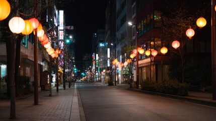 Fototapeta premium Illuminated street adorned with colorful lanterns, creating fest