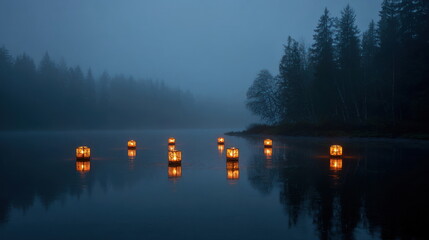Lanterns light up a lake at night in a misty forest setting with trees surrounding the water Generative AI