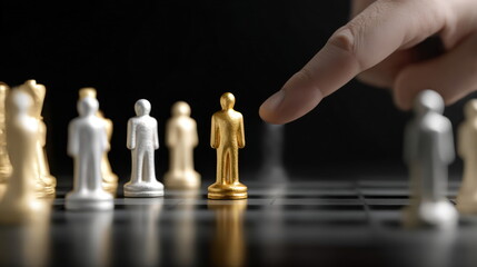 Chess pieces arranged on a board with a finger pointing at the golden pawn during a game at night Generative AI