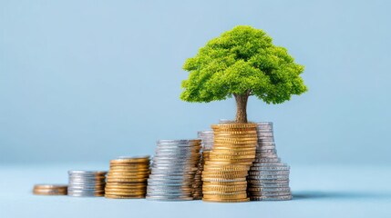 Green tree grows on top of stacked coins showing growth and investment in sustainability during daylight Generative AI