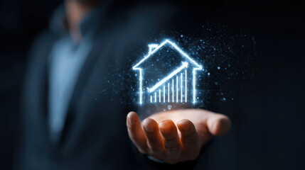 Business person holds glowing house symbol with upward trend representing real estate growth and investment potential in the market Generative AI