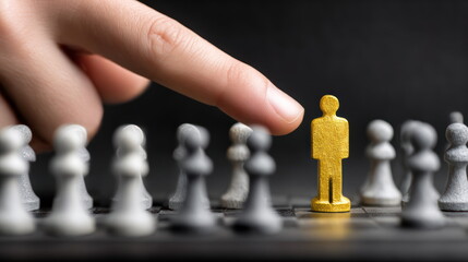 Finger points at a gold figure among black and white chess pieces on a game board in a dark setting Generative AI