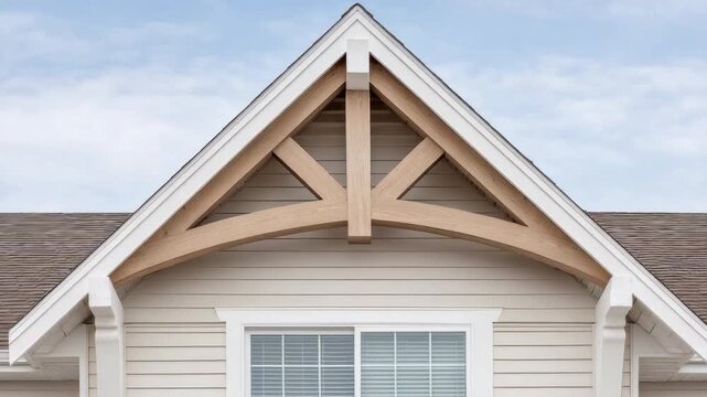 Modern architectural design featuring a stylish gable roof and elegant wooden carving showcasing a contemporary home exterior.  4k video footage