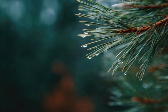 Fresh pine needles glisten with dew, showcasing nature's beauty - Powered by Adobe