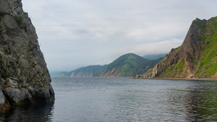 A view of the mountainous coastline of Sakhalin Island near Marble Bay