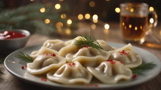 A warm holiday plate of steaming dumplings garnished with herbs, set against soft Christmas lights and rustic wooden tableware