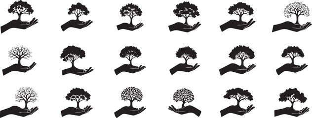 Silhouettes of human hands cradling diverse tree forms, symbolizing environmental care, growth, and the importance of nature conservation for a sustainable future. a conceptual illustration 