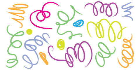Colorful scribbles evoke childhood creativity. Scribble thin curly brush strokes symbol. vector illustration.