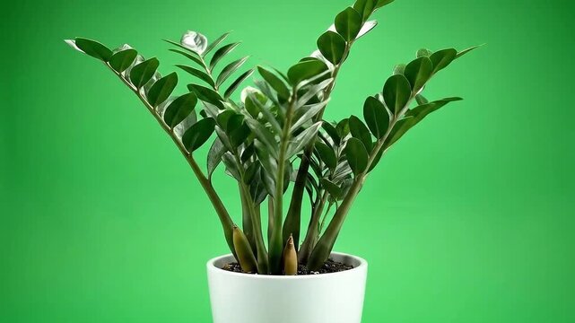 Zamioculcas zamiifolia, a vibrant green plant in sleek white pot, gently swaying in a calming video, perfect for modern office or home decor