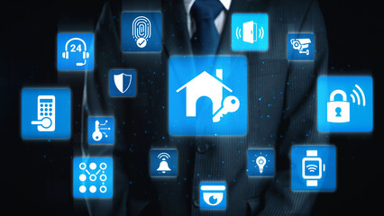 Home security icons show smart home, surveillance, and safety devices. Home security ensures...