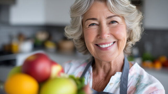 Senior woman portrait, fruit salad apple, kitchen home setting, health diet nutrition, smiling mature female, pension healthy eating, cooking food preparation, faceless elder dinin