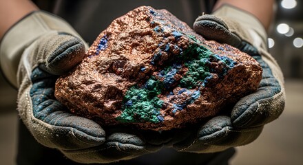 Copper Ore Specimen Held in Gloved Hands at Mining Site, close up view.