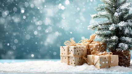 Festive scene with wrapped gifts beside a snowy backdrop and frosty evergreen tree, perfect for holiday and winter themes