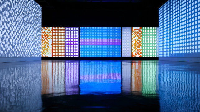 a white wall with a blue background and a horizontal strip of small purple, green, or red colored dots in the middle. the wall is made up of vertical rows of tiny square particles