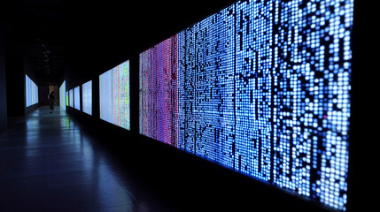 a white wall with a blue background and a horizontal strip of small purple, green, or red colored dots in the middle. the wall is made up of vertical rows of tiny square particles