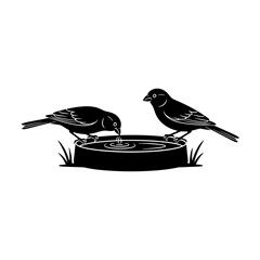 Two canaries sharing water dish minimalistic vector art