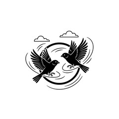 Two minimal canaries flying through yellow hoop on black background