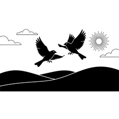Two flying canaries over simple hills illustration