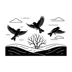Canaries flock flying from minimalist branches vector illustration