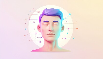 Digital face with closed eyes and colorful patterns displaying technology and data connections in a simple background