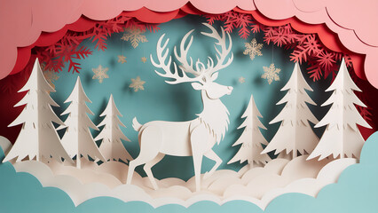 elegant paper cut christmas pop up with white reindeer and pine trees