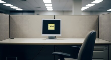 Empty Cubicle with Sticky Note on Monitor in Office Late at Night