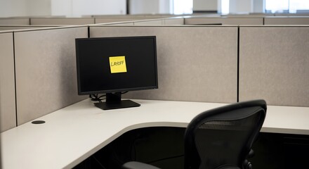 Empty office cubicle with desk and chair showcasing workplace concept
