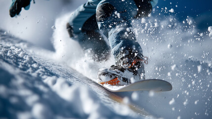 Close-up snowboard slicing through snow, powder exploding in slow motion, dynamic storytelling, WINTEROUTDOOR