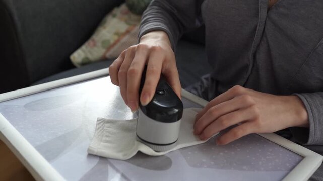 woman takes care of clothes at home, cuts off lint with tool