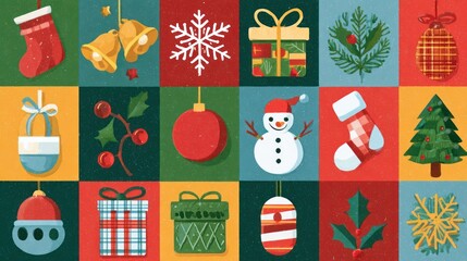 Festive vector flat illustration showcasing various Christmas themed icons and symbols