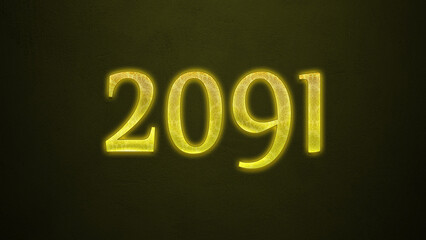 Neon glowing yellow number of 2091 on dark background.	