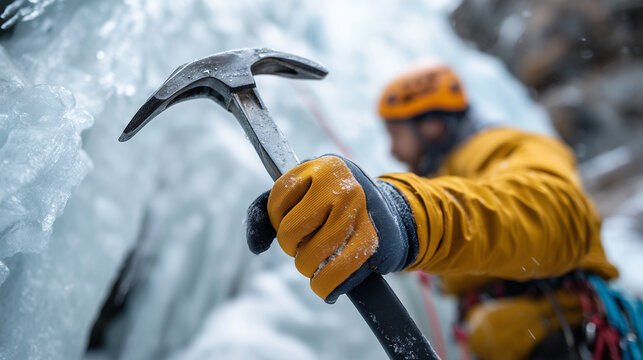 Close-up ice climber gripping ice axe, frozen waterfall background blurred, WINTEROUTDOOR