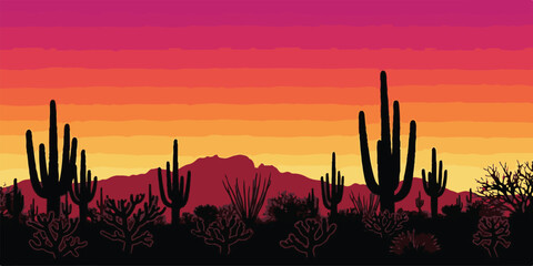 Arizona desert landscape at sunset with saguaro cacti silhouette against an orange and red sky © Munaroh