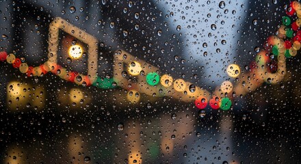 Raindrops on window with blurred holiday lights, creating a festive mood.