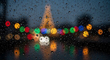 Raindrops on window with blurred Christmas lights and tower background.