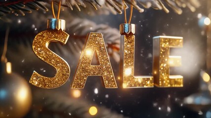A glittery holiday sale tag with golden lettering hangs on a snowy pine branch, glowing warmly with festive lights.