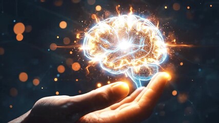 An open palm presents a radiant holographic brain emitting light and sparks in a dark abstract space - Powered by Adobe