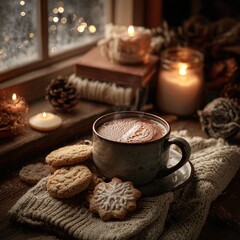 Fototapeta premium Winter window scene with hot cocoa and snowflake cookies Image