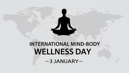 Silhouette of meditating person over a world map with wellness day text