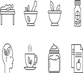 Herbal Medicine and Healthcare Outline Vector Icon Set