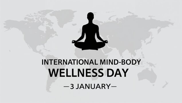 Silhouette of meditating person over a world map with wellness day text