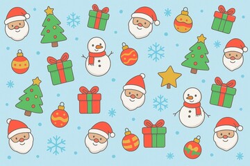 Cute seamless Christmas pattern for kids with Santa Claus, snowmen, trees, gifts, stars, and ornaments on a light blue background. Fun festive design with playful holiday mood.