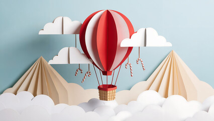 festive paper cut 3d hot air balloon floating over winter clouds