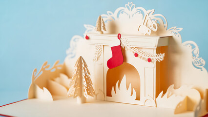 cozy paper cut 3d christmas fireplace with red stocking and paper tree