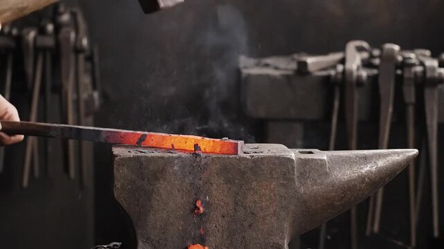 Blacksmith forging hot metal sparks flying hammer anvil craftsmanship industrial work process skill trade fire heat energy power motion manufacturing workshop industry