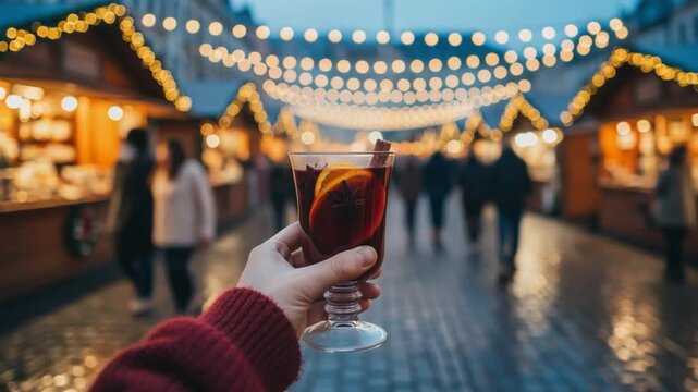 A warm glass of mulled wine held up at a festive outdoor market, with glowing lights and blurred evening crowds in the background.