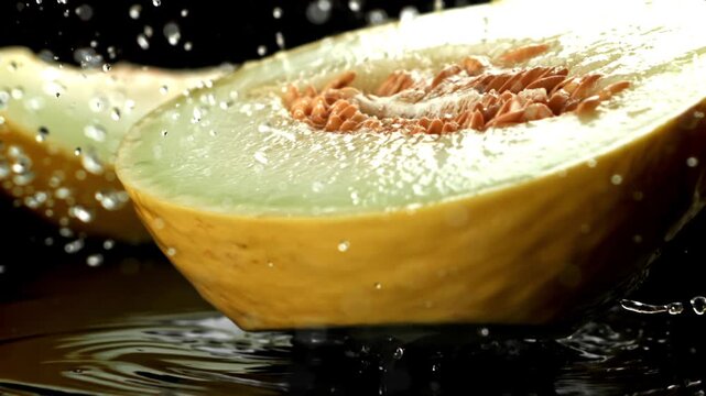 Pieces of melon fall on a wet surface. Filmed on a high-speed camera at 1000 fps. High quality FullHD footage