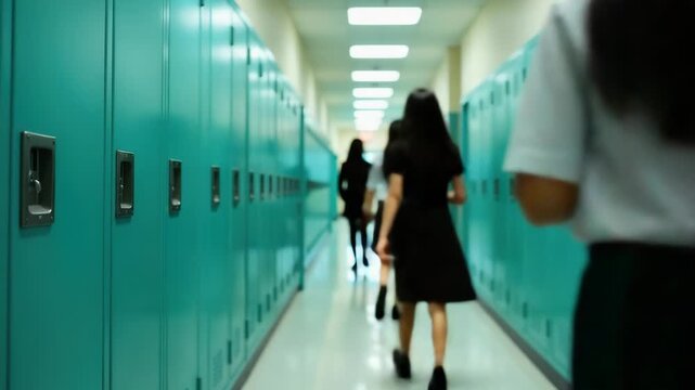Video A row of blue lockers in a typical school hallway, great for education or student-related projects