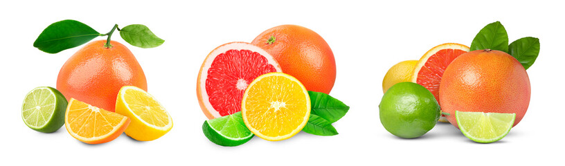 Various citrus fruits isolated on white, set